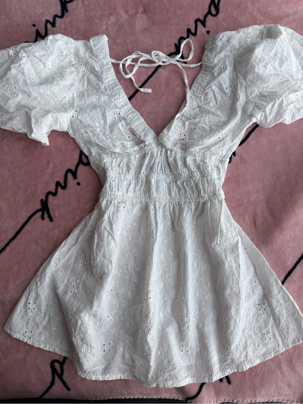 PrettyLittleThing White Eyelet Smocked Mini Dress